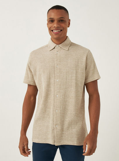Textured Spread Collar Shirt with Short Sleeves-Shirts-image-0