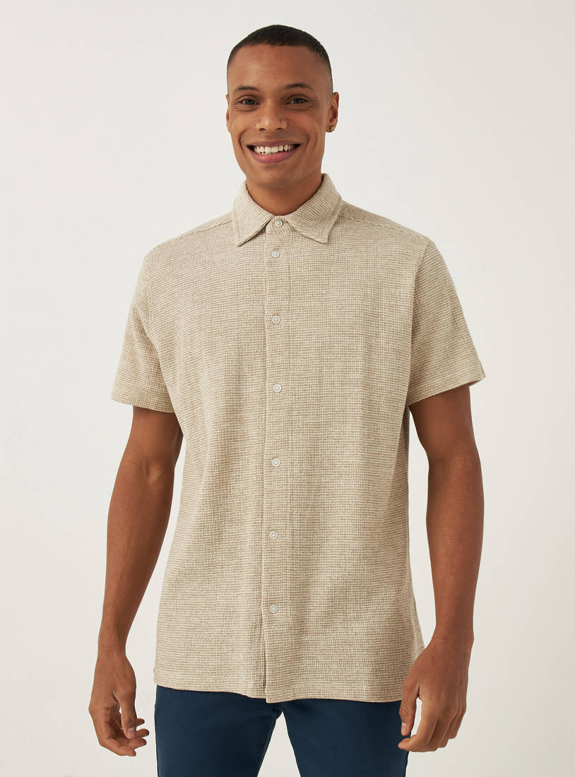 Textured Spread Collar Shirt with Short Sleeves-Shirts-image-0