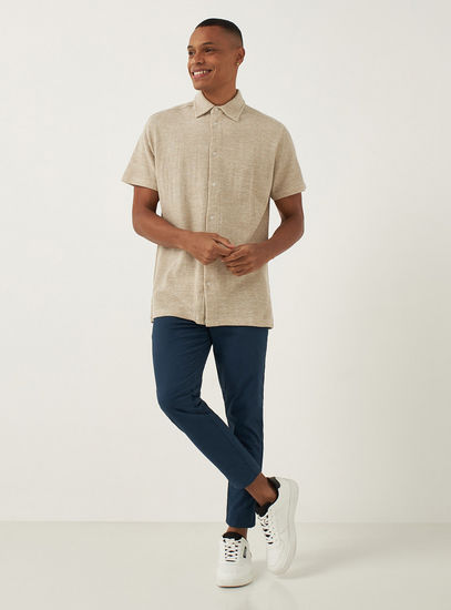Textured Spread Collar Shirt with Short Sleeves-Shirts-image-1