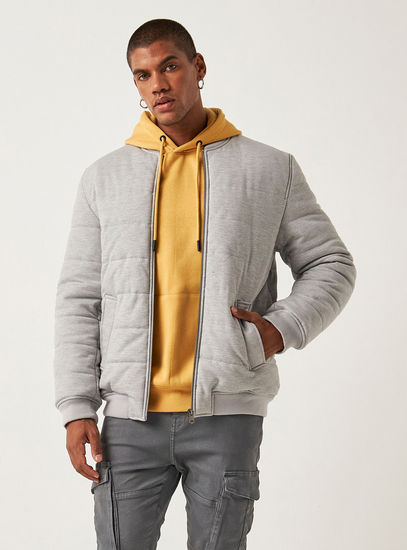 Quilted Zip Through Jacket with Pockets and Mandarin Neck