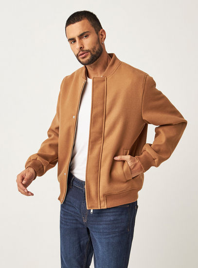 Solid Bomber Jacket with Long Sleeves and Pockets-Jackets-image-0