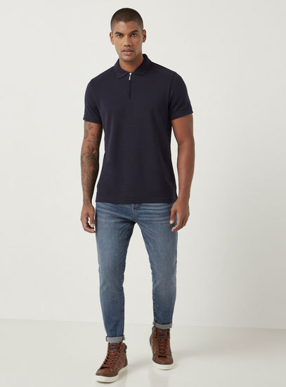 Textured Polo T-shirt with Short Sleeves and Zip Closure