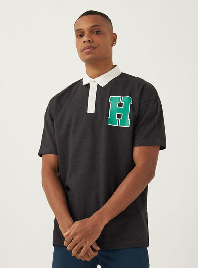 Printed Oversized Polo T-shirt with Short Sleeves and Button Closure-Polos-image-0