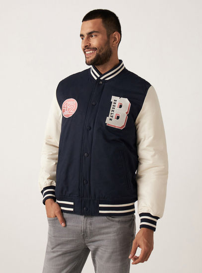 Printed Varsity Jacket with Long Sleeves and Button Closure