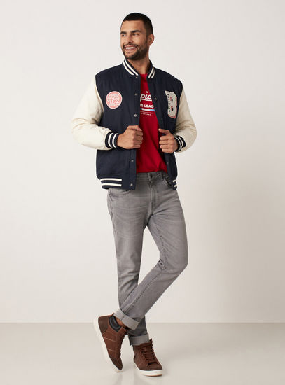 Printed Varsity Jacket with Long Sleeves and Button Closure
