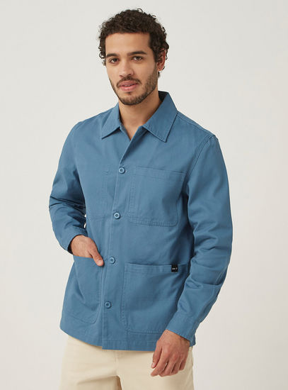 Solid Button Down Jacket with Pockets and Long Sleeves-Jackets-image-0