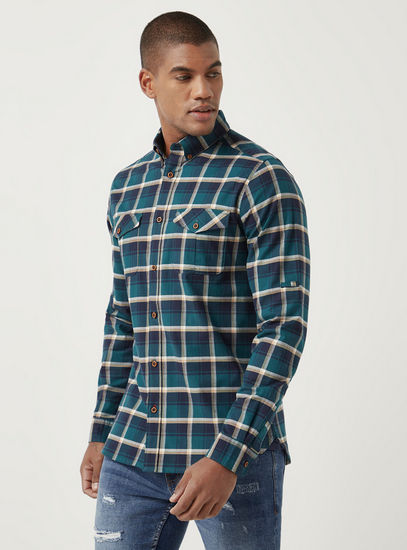 Checked Flannel Shirt with Pockets and Long Sleeves-Shirts-image-0