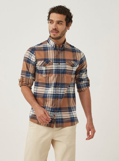 Checked Flannel Shirt with Pockets and Long Sleeves