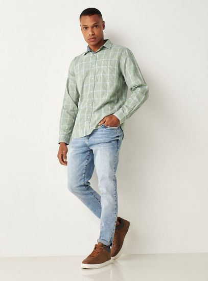 Checked Long Sleeve Shirt with Pocket and Button Closure-Shirts-image-1