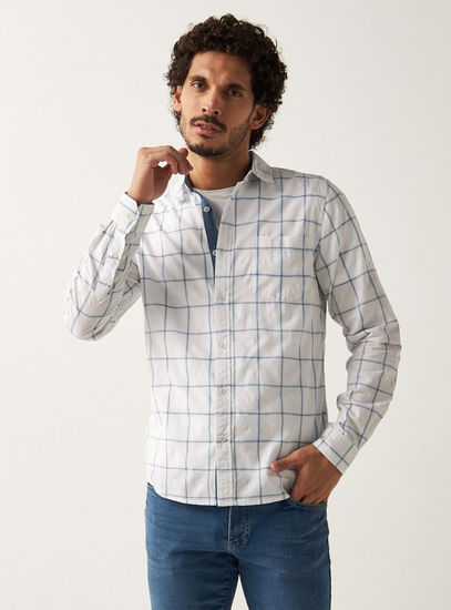 Checked Long Sleeve Shirt with Pocket and Button Closure-Shirts-image-0