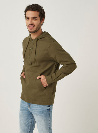 Solid Long Sleeve Shirt with Hood and Kangaroo Pocket-Shirts-image-0