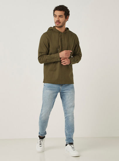 Solid Long Sleeve Shirt with Hood and Kangaroo Pocket-Shirts-image-1