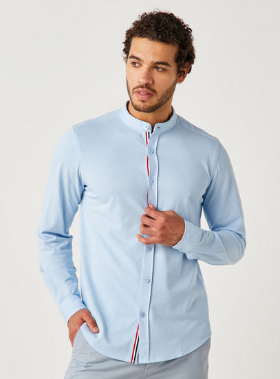 Solid Knit Fabric Button Up Shirt with Mandarin Collar and Long Sleeves-Shirts-image-0