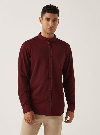 Solid Knit Fabric Button Up Shirt with Mandarin Collar and Long Sleeves-Shirts-image-0