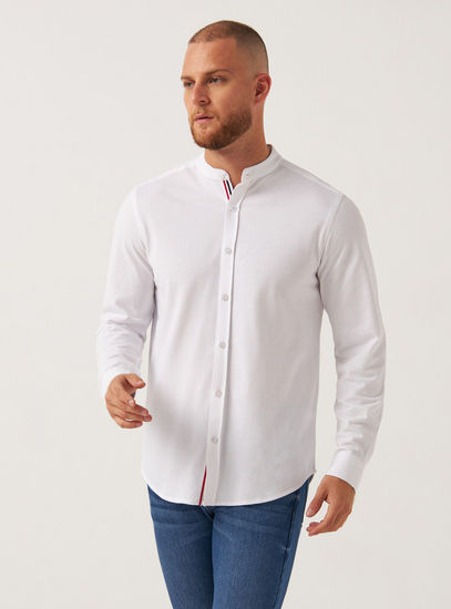 Solid Knit Fabric Button Up Shirt with Mandarin Collar and Long Sleeves
