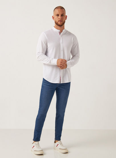 Solid Knit Fabric Button Up Shirt with Mandarin Collar and Long Sleeves-Shirts-image-1