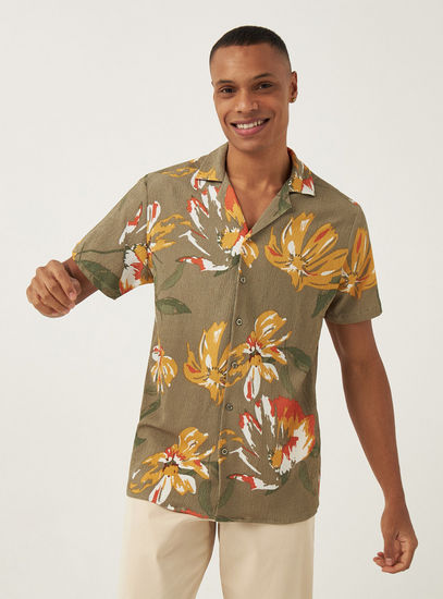 All-Over Floral Print Crinkled Textured Shirt with Notch Collar