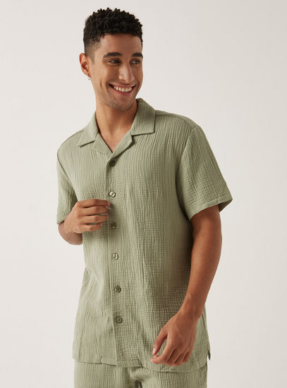 Textured Camp Collar Shirt with Short Sleeves-Shirts-image-0