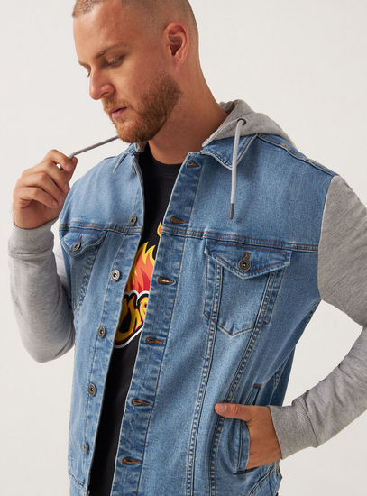 Solid Denim Trucker Jacket with Long Sleeves and Hooded Neck-Jackets-image-0