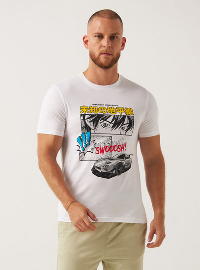 Graphic Print Slim Fit T-shirt with Crew Neck and Short Sleeves