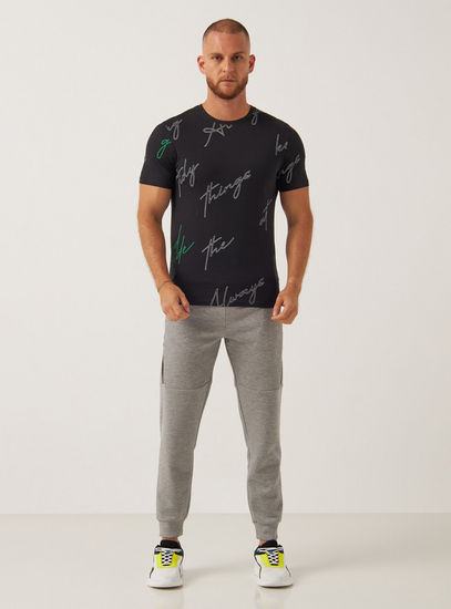 Typography Print Slim Fit T-shirt with Short Sleeves and Crew Neck