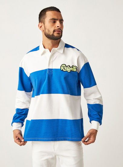 Striped Loose Fit Polo T-shirt with Long Sleeves and Button Closure