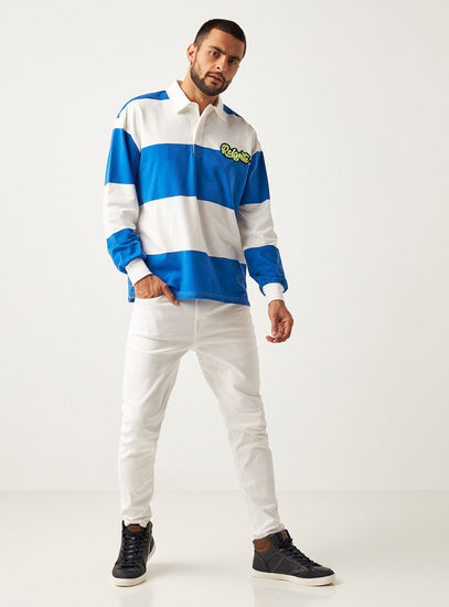 Striped Loose Fit Polo T-shirt with Long Sleeves and Button Closure