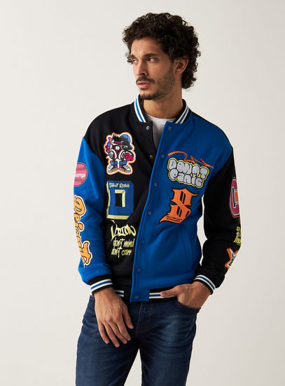 Graphic Print Varsity Bomber Jacket with Button Closure and Pockets-Jackets-image-0