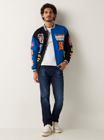 Graphic Print Varsity Bomber Jacket with Button Closure and Pockets-Jackets-image-1