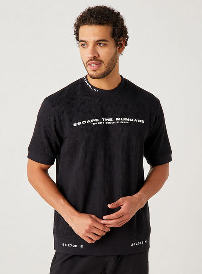 Slogan Print Textured Loose Fit T-shirt