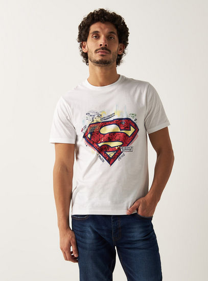Superman Print T-shirt with Short Sleeves and Crew Neck