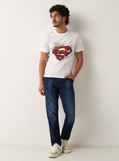 Superman Print T-shirt with Short Sleeves and Crew Neck