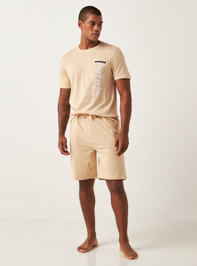 Slogan Print Knitted Crew Neck T-shirt and Shorts Set-Sets-image-0