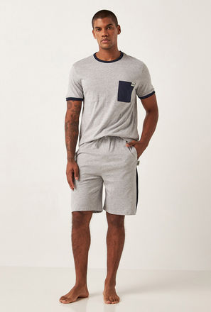 Solid Knitted Round Neck T-shirt with Chest Pocket and Shorts Set