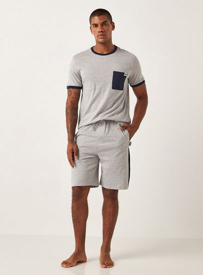 Solid Knitted Round Neck T-shirt with Chest Pocket and Shorts Set-Sets-image-0
