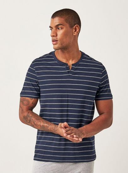 Striped T-shirt with Henley Neck and Short Sleeves-Tops-image-0