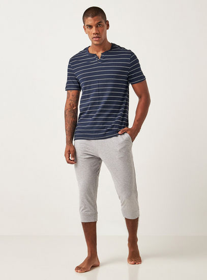 Striped T-shirt with Henley Neck and Short Sleeves-Tops-image-1