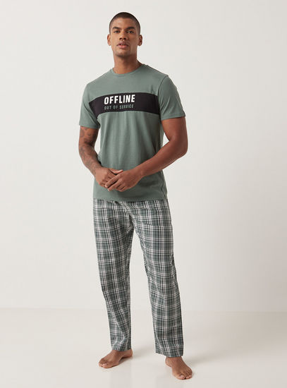 Printed Knit Round Neck T-shirt and Full Length Checked Pyjama Set-Sets-image-0