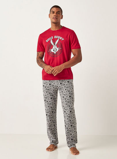 Bugs Bunny Print Crew Neck T-shirt and Pyjama Set-Sets-image-0
