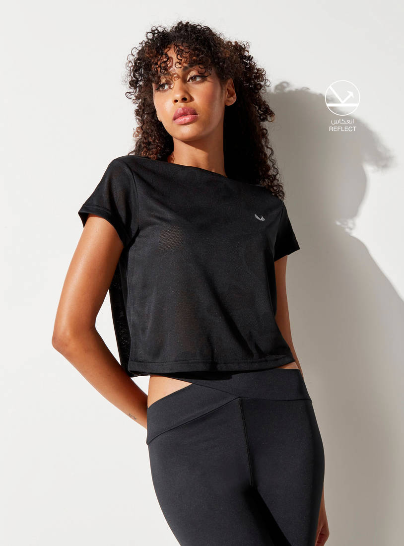 Jacquard Textured Crop Top with Round Neck and Short Sleeves-T-shirts & Vests-image-0