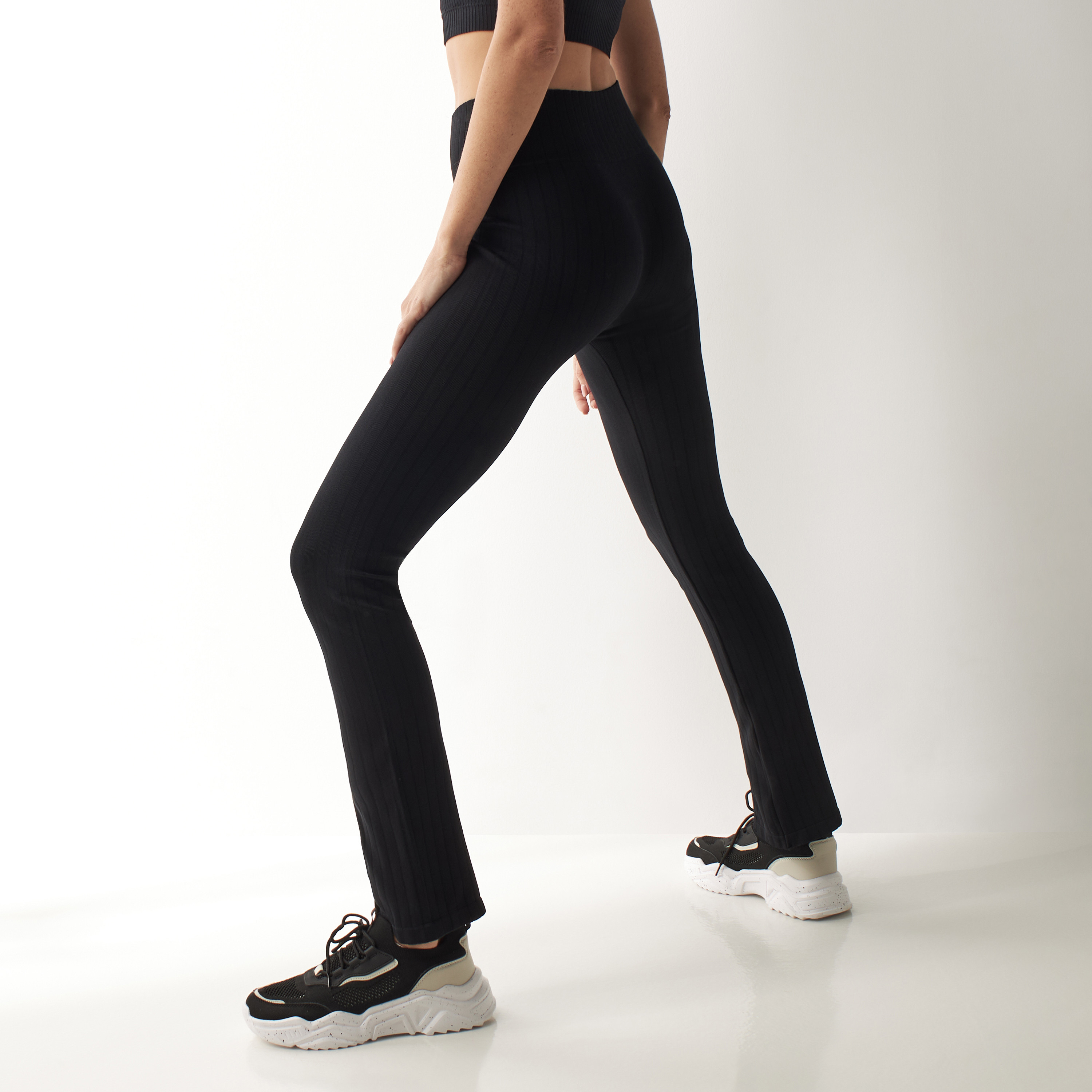 Shop Ribbed Seamless Flared Training Leggings with Slit Online 