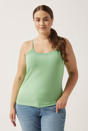 Solid Sleeveless Camisole with Scoop Neck and Lace Detail