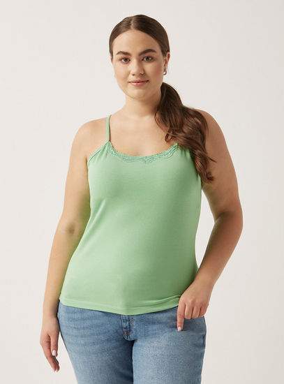 Solid Sleeveless Camisole with Scoop Neck and Lace Detail-Camisoles-image-0