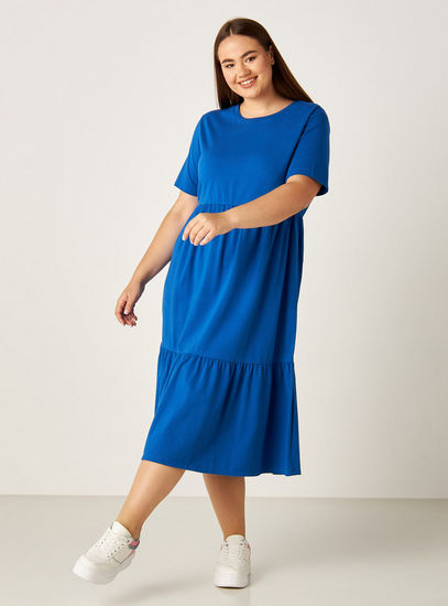Solid Tiered Midi Dress with Round Neck and Short Sleeves-Knee-image-0