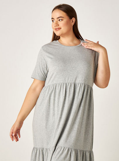 Solid Tiered Midi Dress with Round Neck and Short Sleeves-Knee-image-1