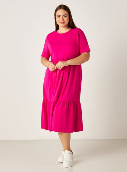 Solid Tiered Midi Dress with Round Neck and Short Sleeves-Knee-image-0