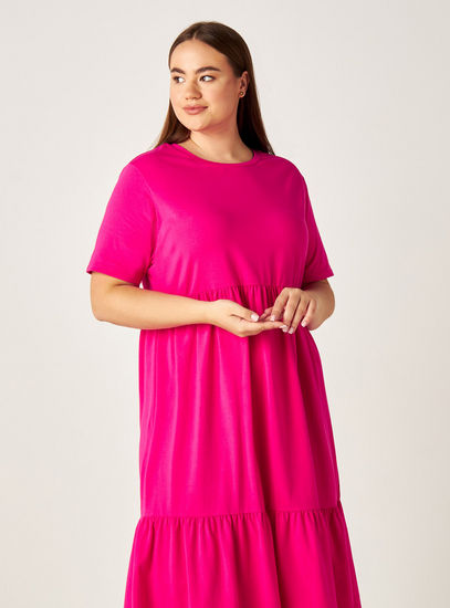 Solid Tiered Midi Dress with Round Neck and Short Sleeves-Knee-image-1