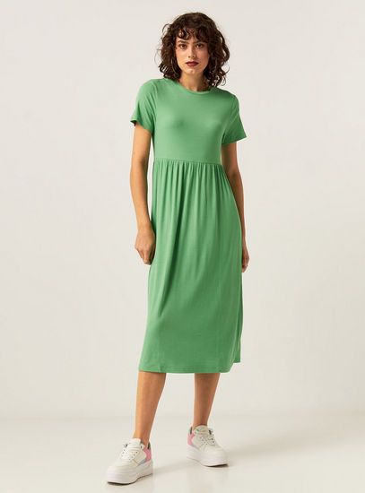 Textured Midi Dress with Round Neck and Short Sleeves-Midi-image-1