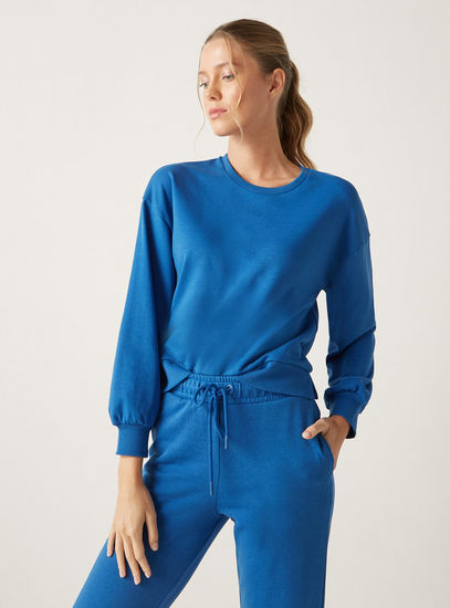 Solid Round Neck Sweat Top with Long Sleeves and Slit Detail