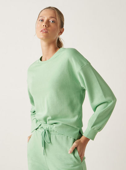 Solid Round Neck Sweat Top with Long Sleeves and Slit Detail